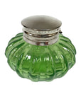 3" Light Green Swirl Glass Inkwell w/ Nickel Plated Lid