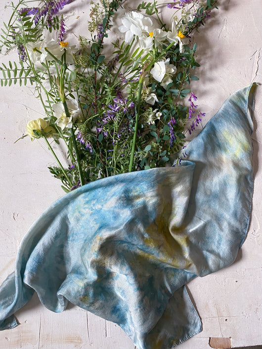 botanically ice-dyed 100% silk bandana - water garden