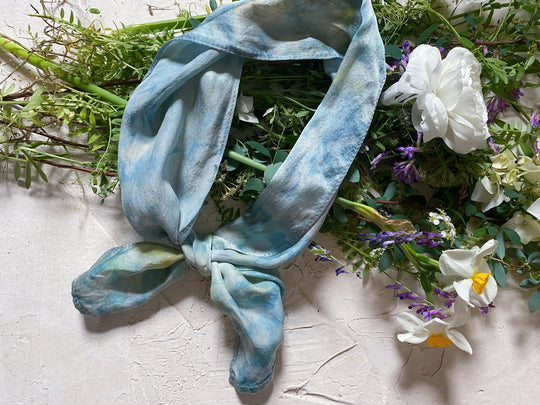 botanically ice-dyed 100% silk ribbon scarf - water garden