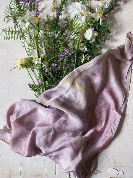 botanically ice-dyed 100% silk bandana - garden at dusk